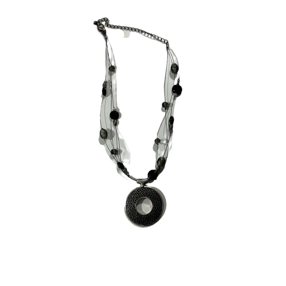 Signed Chicos 3 Strand Glass & 925 Bead Round Leather Inset Pendant Necklace 22” - Picture 15 of 16